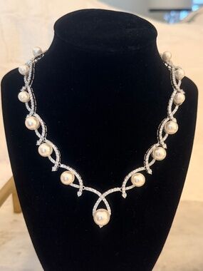 925 Sterling Silver Pave Cubic Zirconia & Pearl Infinity Wave Bridal Necklace